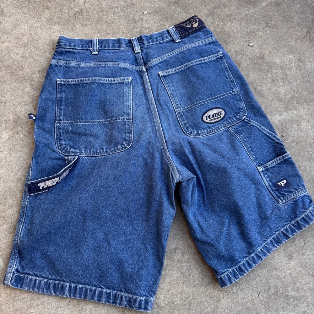 Pure Playaz Vintage Y2K Baggy Denim Carpenter Shorts Blue Mens 34x13 Rare Rapper